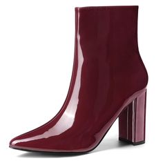 PRICES MAY VARY. Vamp: PU; Outsole: Rubber; Heel: ABS Patent Leather Ankle Boots, Block Heel, Pointed Toe Paired Well With Dress, Coat, Skirt or Jeans Occasion: Perfectly for party, christmas, rainy day, halloween Heel Height: 3 5/9 inches(9cm), Shaft Height: 5 1/8 inches(13cm) This lacquer technology of patent leather shows one kind of luxury; the mirror surface, just right height ankle boots, paired well with dress, jeans, or skirts. Besides, the pointed-toe style can make your legs more slend Halloween Heels, Western Dress With Boots, Red Ankle Boots, Burgundy Boots Ankle, Burgundy Boots, Chunky Heel Ankle Boots, Dress Jeans, Side Zip Boots, Mirror Surface