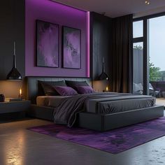 a large bed sitting in a bedroom next to a purple rug on top of a hard wood floor