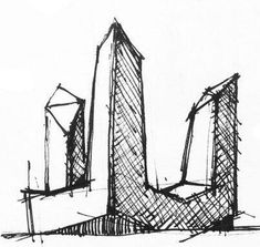 a black and white drawing of a tall building