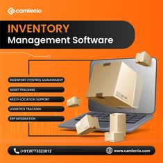 an advertisement for inventory management software on a laptop computer with boxes coming out of the screen