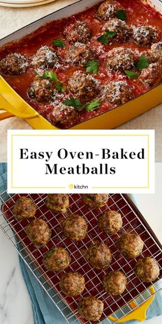 easy oven baked meatballs in a yellow casserole dish on a cooling rack