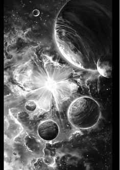 an artistic black and white photo of planets