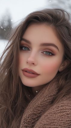 This stunning winter makeup look is all about effortless elegance. Featuring frosty champagne eyeshadow that brightens the eyes, soft matte lips in a warm mauve tone, and a natural rosy glow that complements her flawless complexion. The tousled waves and cozy knit scarf make this the perfect inspiration for a chic, cold-weather look.  ✨ Discover more winter makeup ideas to elevate your seasonal style! Click to explore 10 Winter Makeup Ideas That Will Instantly Elevate Your Look! ❄️ Cool Tone Makeup Looks Natural, Winter 2024 Makeup Trends, Cold Winter Makeup, Muted Makeup, Cold Weather Makeup, Winter Makeup Looks Natural, January Makeup, Winter Eyeshadow Looks, Winter Makeup Ideas