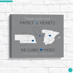 a gray and white map with hearts on it that says, forever at part of our family & hearts the clarks mateo