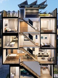 an architectural rendering of a house with multiple floors and balconies on each floor