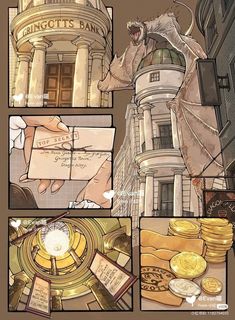 an image of a comic page with gold coins and a cat on top of a building