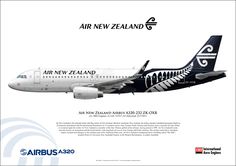 an air new zealand jetliner flying in the sky above water and clouds, on a white background