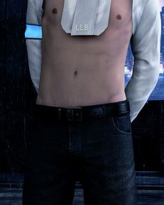 a shirtless man wearing a tie with the word illb on it's chest