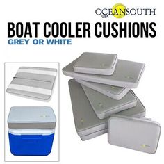 four different types of coolers with the words boat cooler cushions grey or white