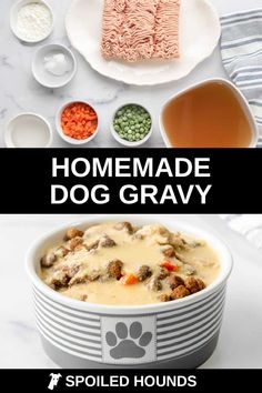 homemade dog gravy recipe in a bowl with ingredients to make it on the side