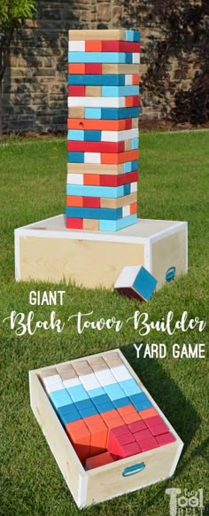 giant blocks tower built in yard game for kids to play with and learn how to build