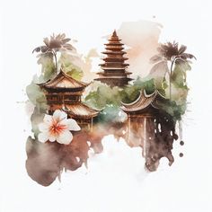 watercolor painting of pagodas with flowers and palm trees