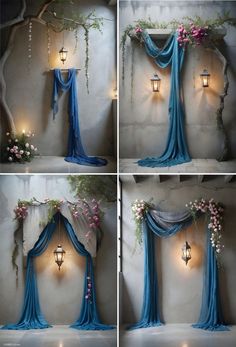 four different shots of a blue drape with flowers hanging from it's sides