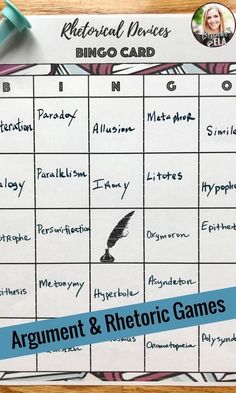 a printable game board with the words argument and rhetoric games written in blue ink