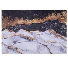 an abstract painting with gold, black and white paint on the bottom half of it