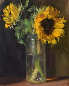 a painting of sunflowers in a glass vase on a brown tableclothed surface