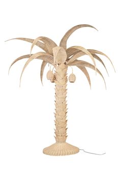 a palm tree with two balls hanging from it's top and the base is made out of wicker