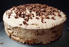 a cake with chocolate chips on it sitting on top of a metal pan covered in frosting