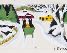 a painting of a snowy road with trees and houses in the distance, painted on white paper