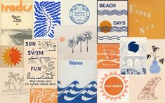 an assortment of posters are displayed on a white wall with blue and orange designs in the background