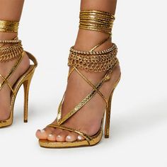 Discover our unique Gold Metallic Ankle Chain Prom Shoes Strappy High Heel Sandals, perfect for the very best in custom, handmade shoes with FREE shipping. Pencil Heels, Strappy High Heels Sandals, Prom Heels, Strappy High Heels, Ankle Chain, Gold Shoes, Prom Shoes, Gold Heels, Handmade Shoes