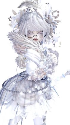 a woman with white hair and glasses is dressed in an elaborate dress, surrounded by flowers