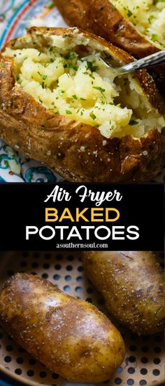 baked potatoes on a plate with text overlay