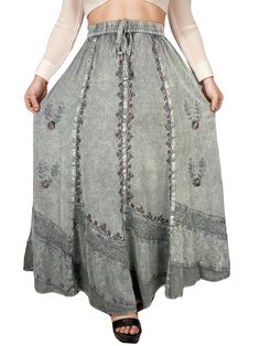 PRICES MAY VARY. Rich Embroidery: This boho maxi skirt features ten panels that are joined by a gorgeous durable lace. Each front panel consists of long top-down floral embroidery which looks very elegant. The unique embroidery on our long skirts provides luxurious looks and assures to make you look special among the crowd. Elastic Waistband & A-Line Floor Length: Our high waisted maxi skirt has an elastic waistband and drawstring for comfort and fit. This comfy A-line womens skirt is flowy with flared hem and drapes very elegantly creating uniform pleats around the bottom hem and flows nicely while walking, making it to twirl. Premium Fabric: Agan Traders floral embroidered women's maxi skirts are crafted of rayon which is super soft, breathable and safe for your skin. Our high waist maxi Womens Long Skirt, Boho Maxi Skirt, High Waist Long Skirt, Fairy Skirt, High Waisted Maxi Skirt, Bohemian Skirt, Unique Embroidery, Maxi Skirt Boho, Boho Skirt