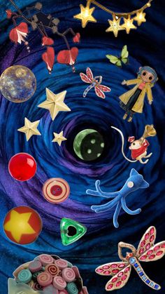 an artistic painting with many different objects in it's center, including stars and planets