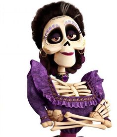 a skeleton dressed up as a woman with purple hair