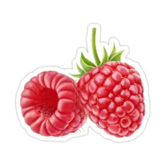 two raspberries sticker with green leaves on the top and one is red