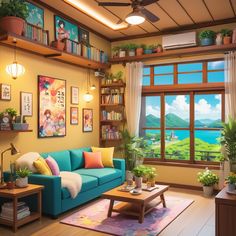 a living room filled with furniture next to a window covered in plants and bookshelves