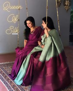 Unique Saree Colours, Plain Saree Color Combinations, South Indian Wedding Sarees Color Combinations, Kanjeevaram Blouse Designs, Contrast Colour Combination Saree, Silk Saree Look Traditional, Colour Combinations Clothes, Mom And Her Daughter, Saree Color Combinations