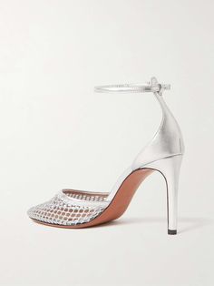 ALAÏA 90 fishnet and metallic leather pumps | NET-A-PORTER Luxury Mesh Heels For Formal Occasions, Luxury Party Heels In Mesh, Luxury Mesh Heels For Party, Luxury Mesh Heels, Luxury Party Mesh Heels, Fishnet High Heels For Party, Fishnet High Heel Party Shoes, Fishnet Party Heels, Elegant Mesh Heels With Heel Strap