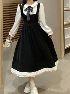 1Measurement In CM long dress size Shoulder(cm) Bust(cm) Sleeve(cm) Length(cm) M 35 88 59 108 L 36 92 60 109 XL 37 96 61 110 XXL 38 100 62 111 XXXL 39 104 63 112 4XL 40 108 64 113 5XL 41 112 65 114 1Measurement In CM short dress size Shoulder(cm) Bust(cm) Sleeve(cm) Length(cm) M 35 88 59 88 L 36 92 60 89 XL 37 96 61 90 XXL 38 100 62 91 XXXL 39 104 63 92 4XL 40 108 64 93 5XL 41 112 65 94 PLEASE NOTE: 1.Please according your own measurements to choose your suitable size. 2.This is Asian size,Pleas Black Vintage Dress For Spring Costume Party, Black Long Sleeve Vintage Dress For Costume Party, Black Vintage Dress For Costume Party In Spring, Vintage Black Dress With Doll Collar, Harajuku Style Black Dress For Costume Party, Casual Black Doll Collar Dress, Cute Black Dress For Costume Party, Black Doll Collar Dress For Winter, Black Doll Collar Winter Dress