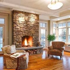 a living room filled with furniture and a fire place in the middle of a room