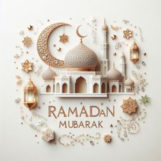 the ramadan mubarak greeting card is decorated with gold and white decorations, including lanterns