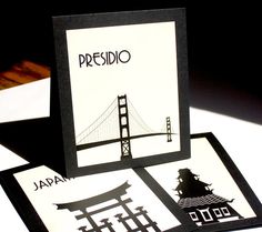 two cards with the words presidio written in black and white, on top of each card