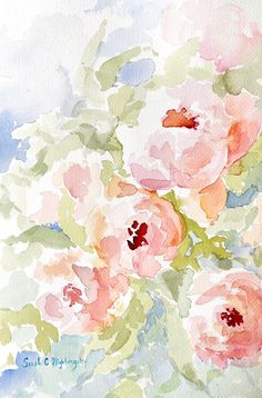 watercolor painting of pink flowers in a vase