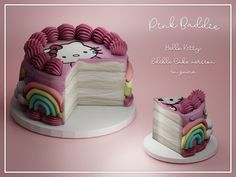 a hello kitty cake is shown on a pink background