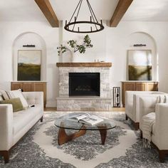 a living room filled with furniture and a fire place in the middle of a room