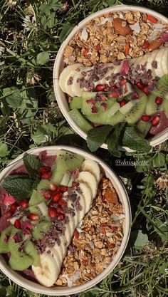 two bowls filled with fruit and granola on top of grass