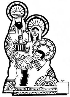 black and white drawing of an icon depicting the virgin mary holding a child in her lap