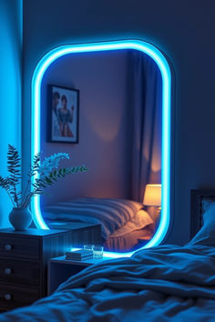 a bedroom with a bed and a blue light in the mirror reflecting it's image