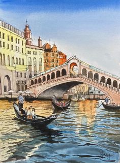 a painting of two gondolas passing under a bridge