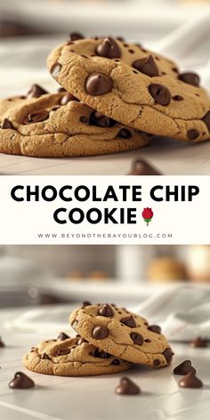 chocolate chip cookies stacked on top of each other with text overlaying the image