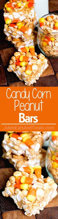 candy corn peanut bars are stacked on top of each other and ready to be eaten