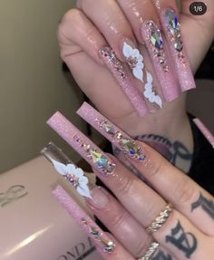 Acrylic Nails Xl, Pink Freestyle Acrylic Nails, Long Pink Acrylic Nails With Rhinestones, Pink Nails Dramatic, Xl Long Acrylic Nails Pink, Long Square Acrylic Nails Pink With Gems