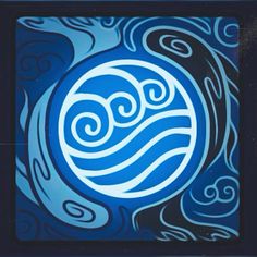 a blue and white painting with waves in the center on a black background that is framed