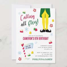 a birthday party card with an image of a person wearing green and yellow clothes, holding candy canes